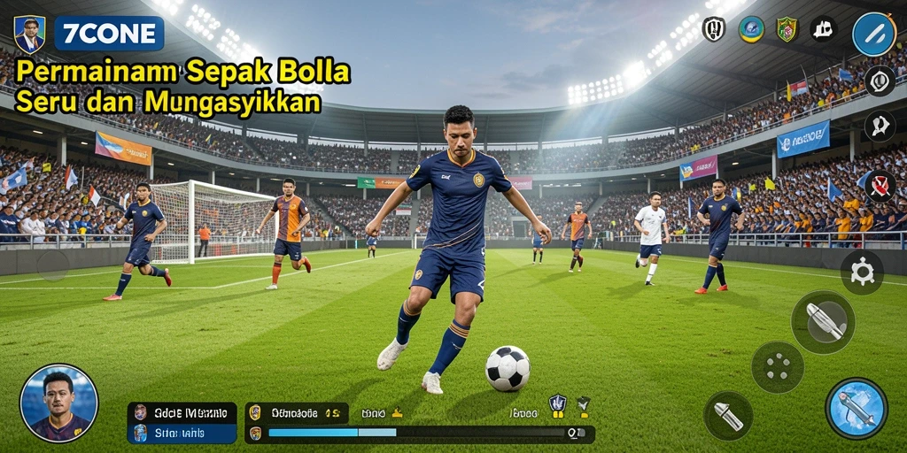 Screenshot gameplay 7CONE menunjukkan aksi sepak bola yang dinamis dan menarik.