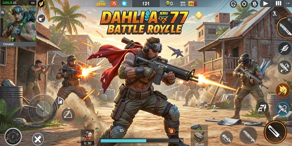 Tangkapan layar gameplay DAHLIA77 yang menunjukkan aksi pertarungan intens Battle Royale.