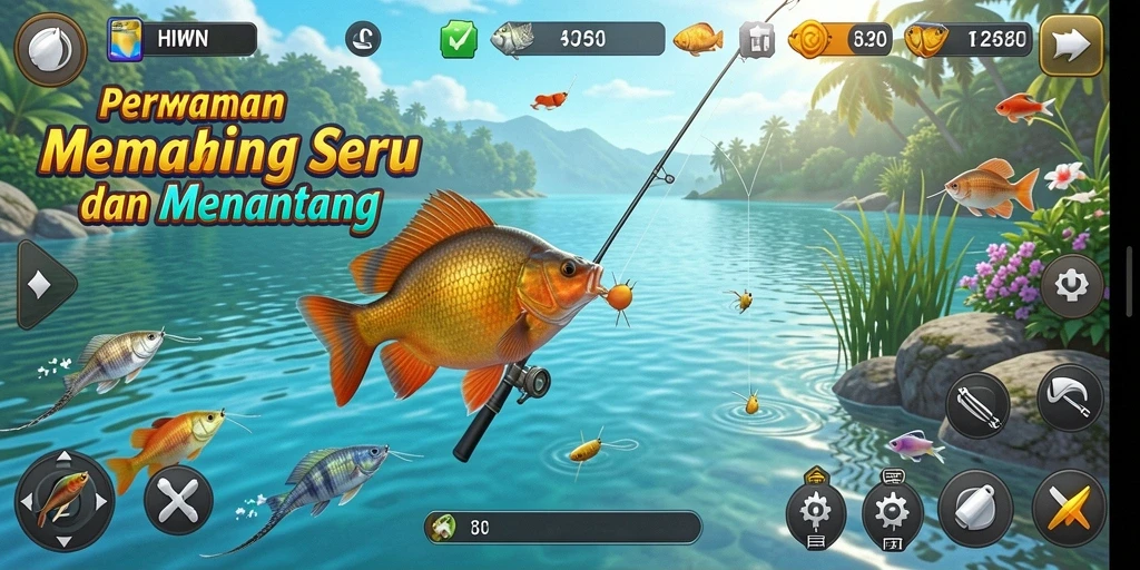 Screenshot menampilkan pemain menangkap ikan besar dalam gameplay Fishing.