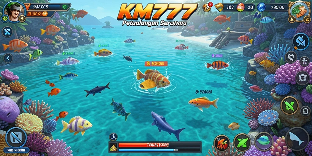 Screenshot gameplay KM777 menunjukkan aksi menembak ikan yang seru.