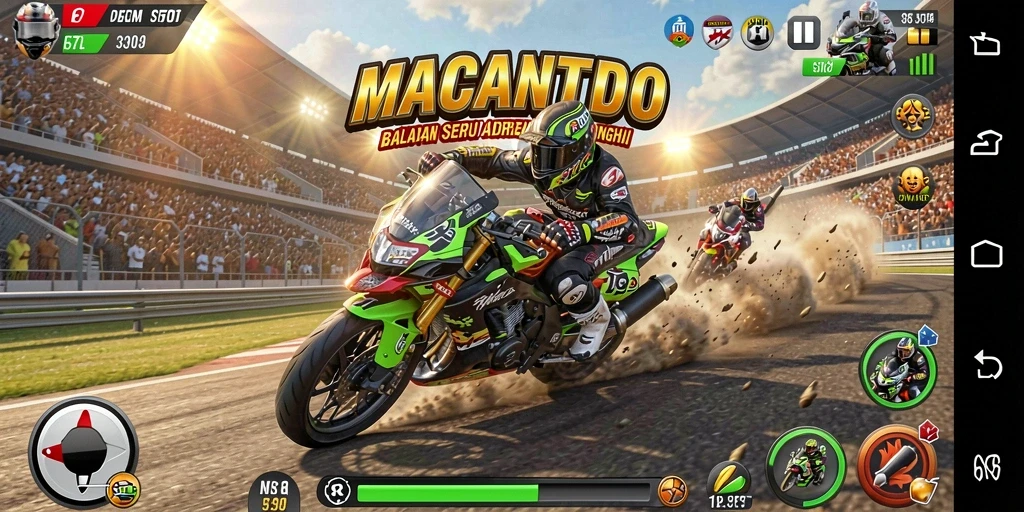 Screenshot utama MACANTOTO menampilkan aksi balapan yang seru dan mendebarkan.