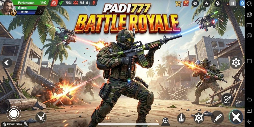 Tangkapan layar utama PADI777 menampilkan aksi pertempuran seru dalam permainan Battle Royale.